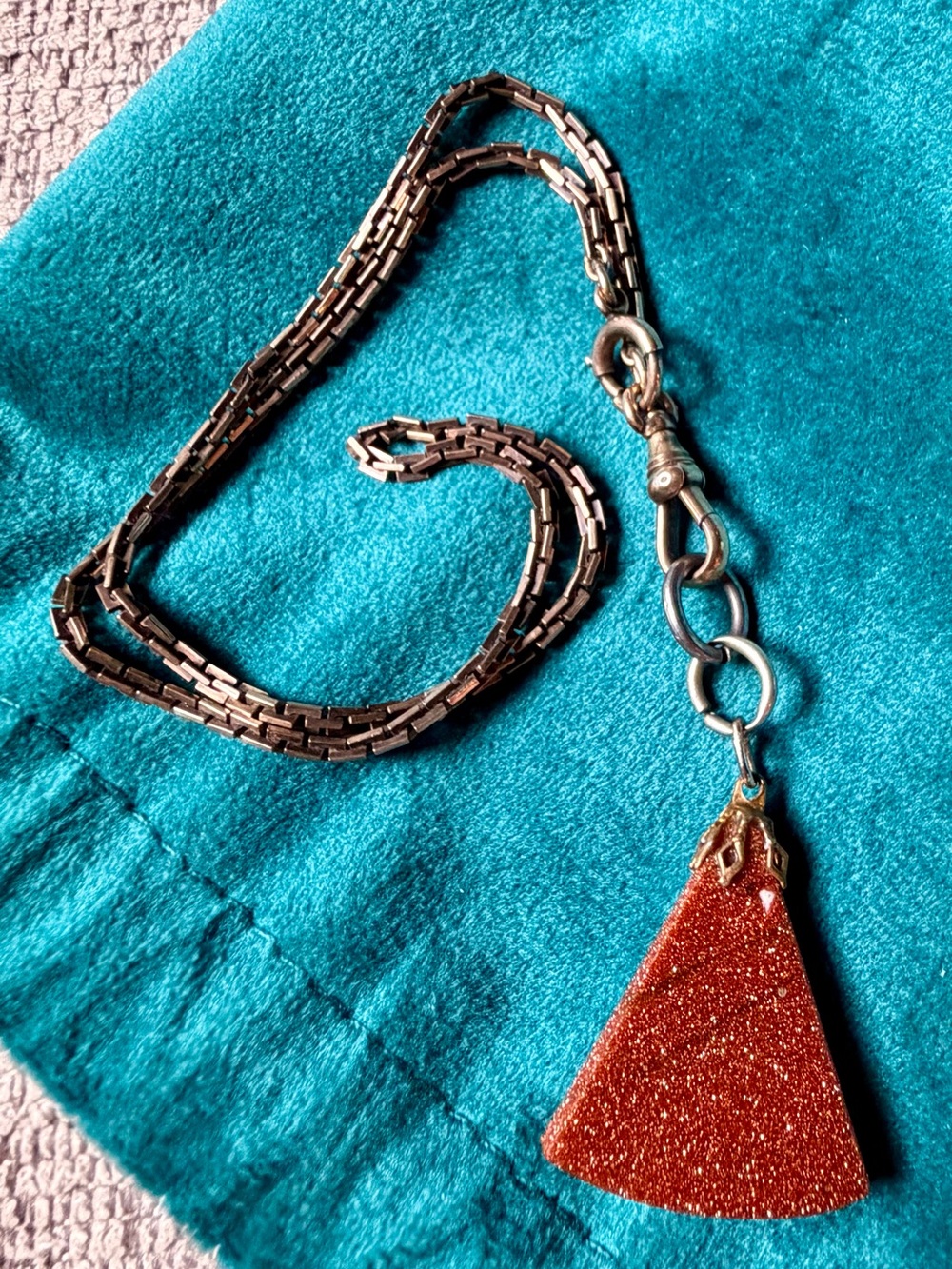 Vintage Signed Hadley Art Deco Pocket Watch Chain Necklace Goldstone Fob